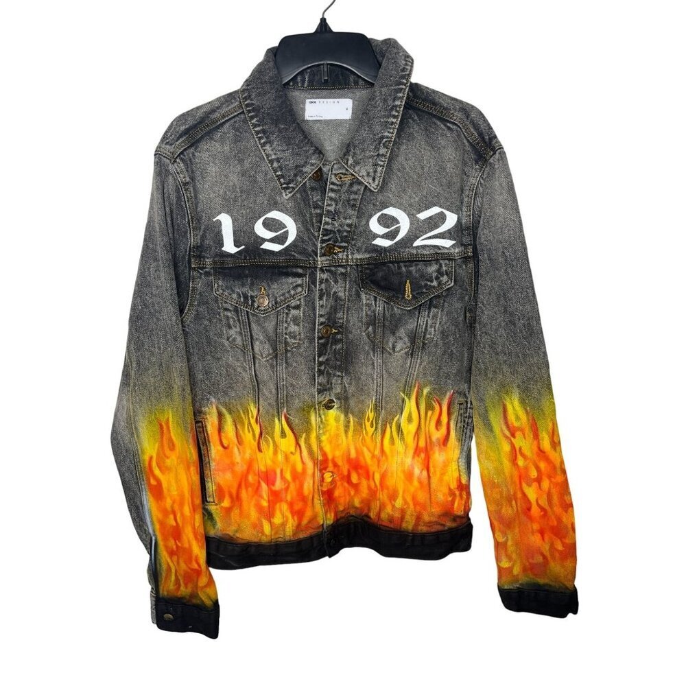 ASOS Design 1992 Flame Denim Jacket With "Da No Me Destruyas" Back Print Size XS
